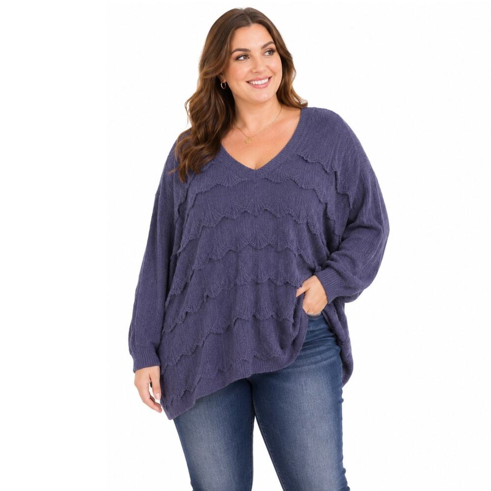 EVRI Women’s Wavy Pointelle Knit V-Neck Sweater Navy Blue Size 2X NWOT